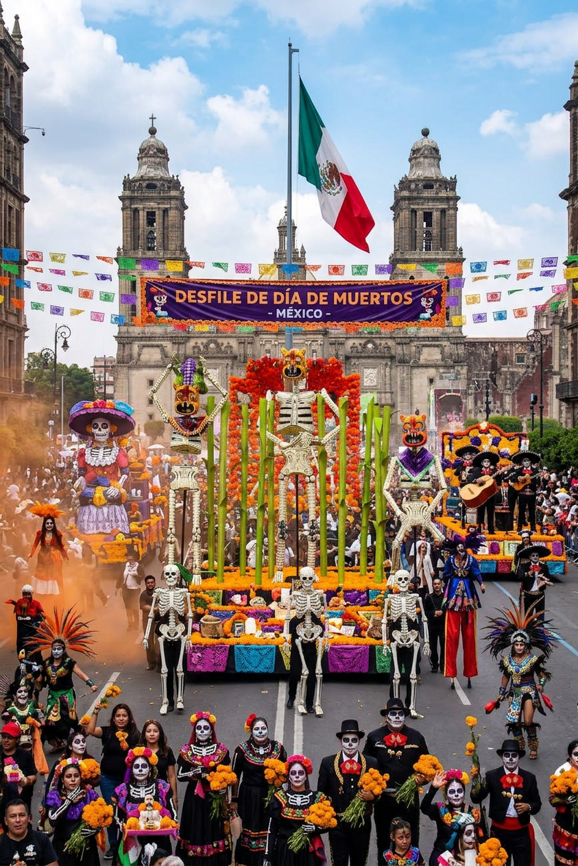 Day of the Dead parade with skeleton floats, participants in face paint, and marigold flowers in Mexico City